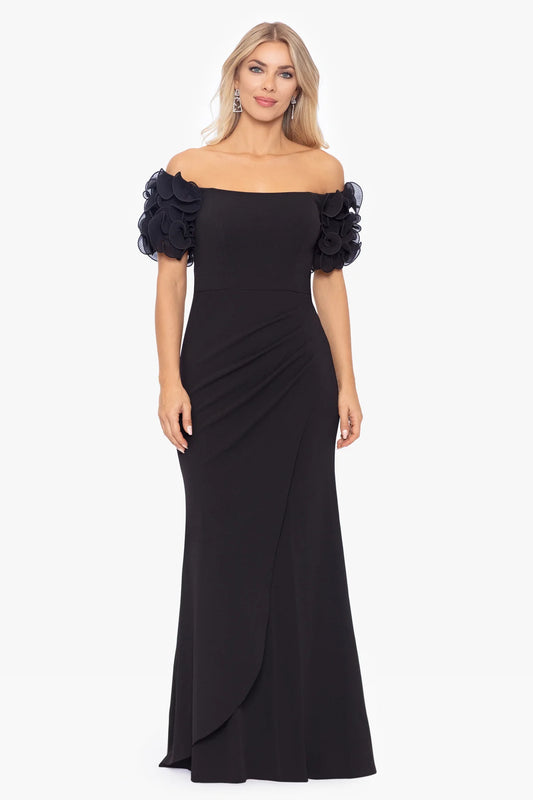 Long Scuba Crepe Off the Shoulder Wire Flower Gown