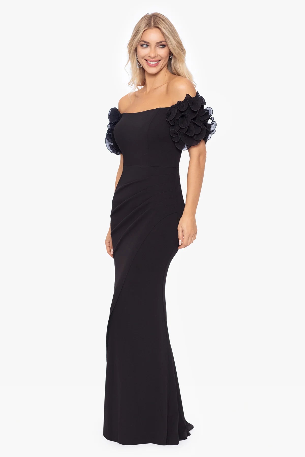 Long Scuba Crepe Off the Shoulder Wire Flower Gown