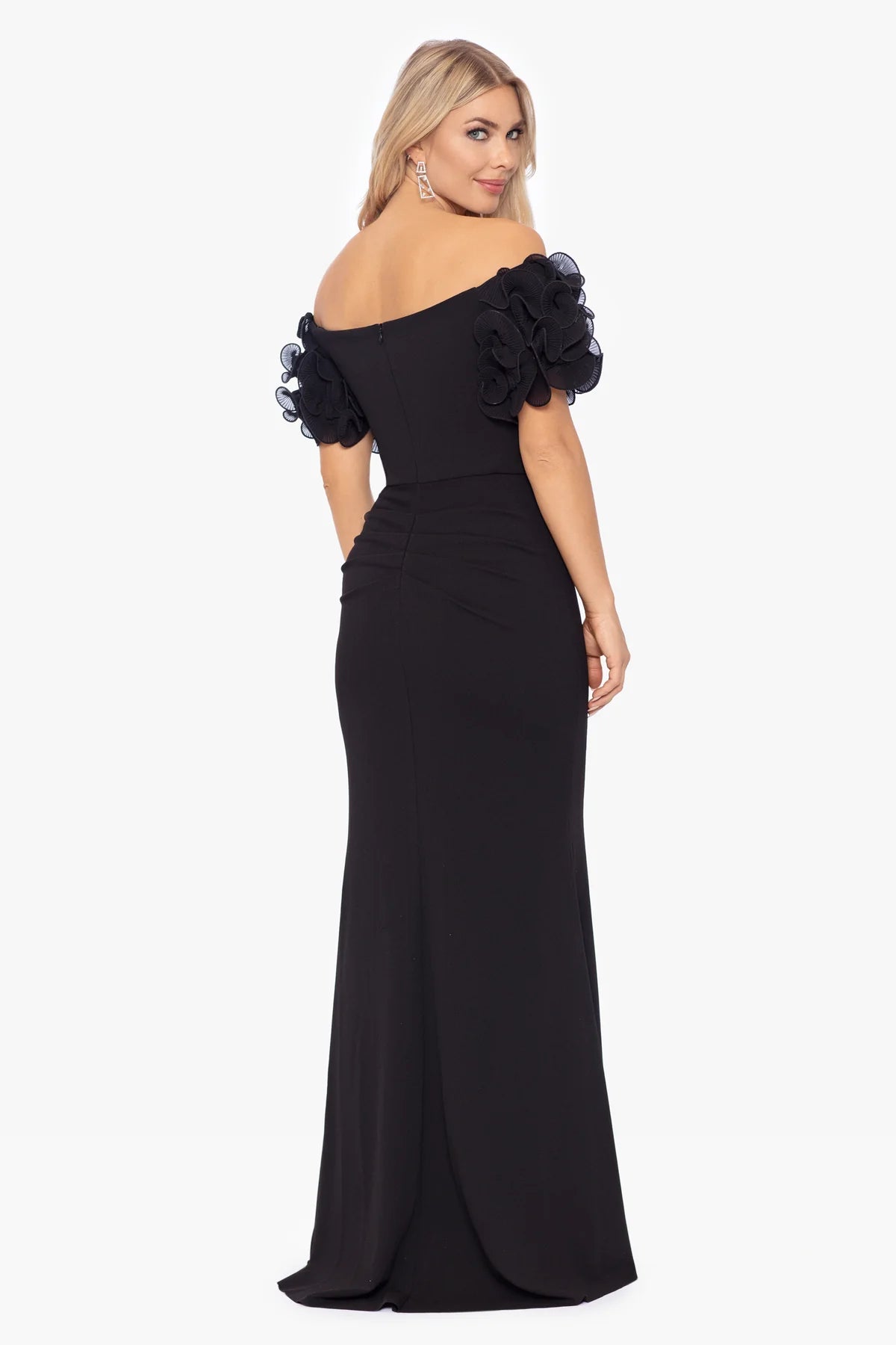 Long Scuba Crepe Off the Shoulder Wire Flower Gown