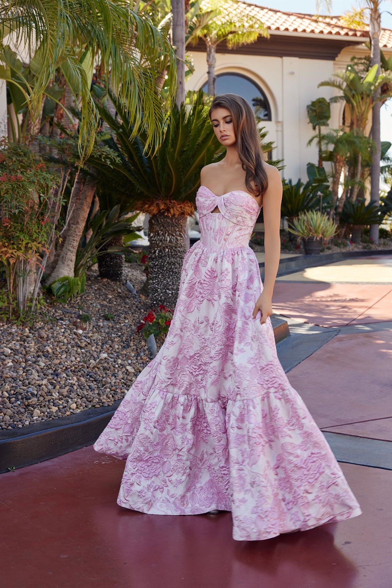 pink jacquard prom dress