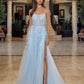 Blue fit and flare prom dress