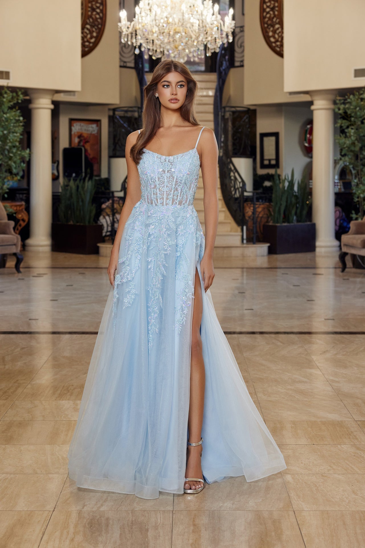 Blue fit and flare prom dress