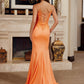 Glitter Stretch Satin Prom Dress with Spaghetti Straps