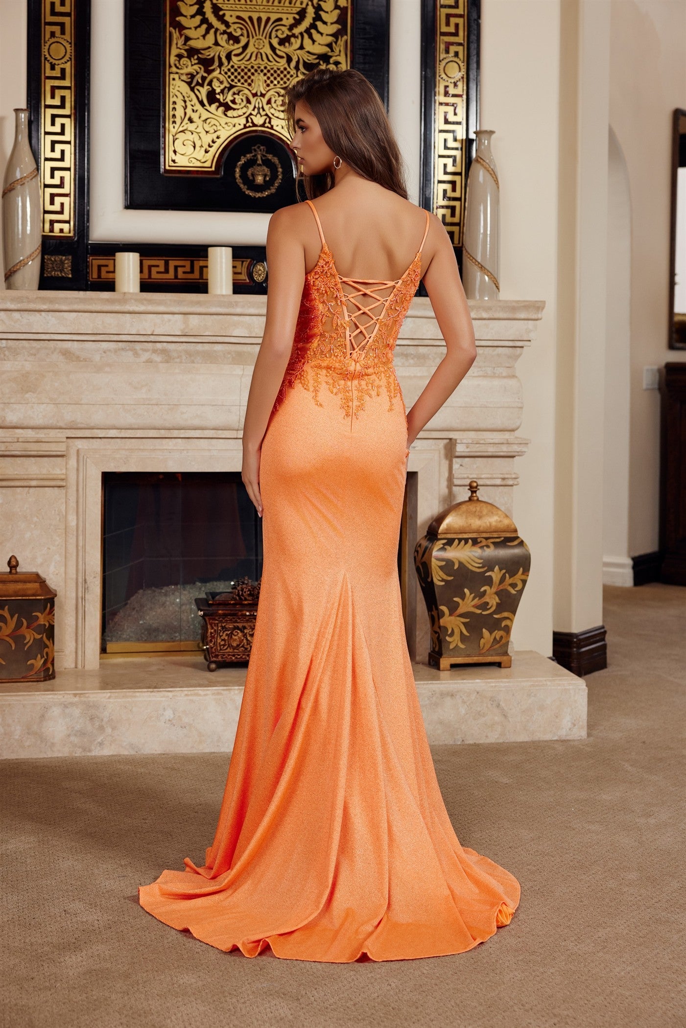 Glitter Stretch Satin Prom Dress with Spaghetti Straps
