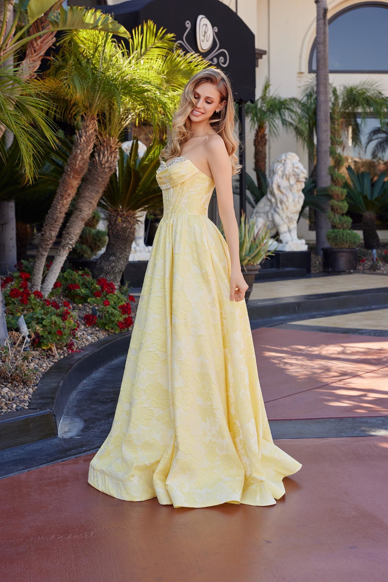 yellow jacquard prom dress
