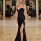 Shiny Satin Strapless Gown with Beaded Plunge, High Slit & Train | Formal Society