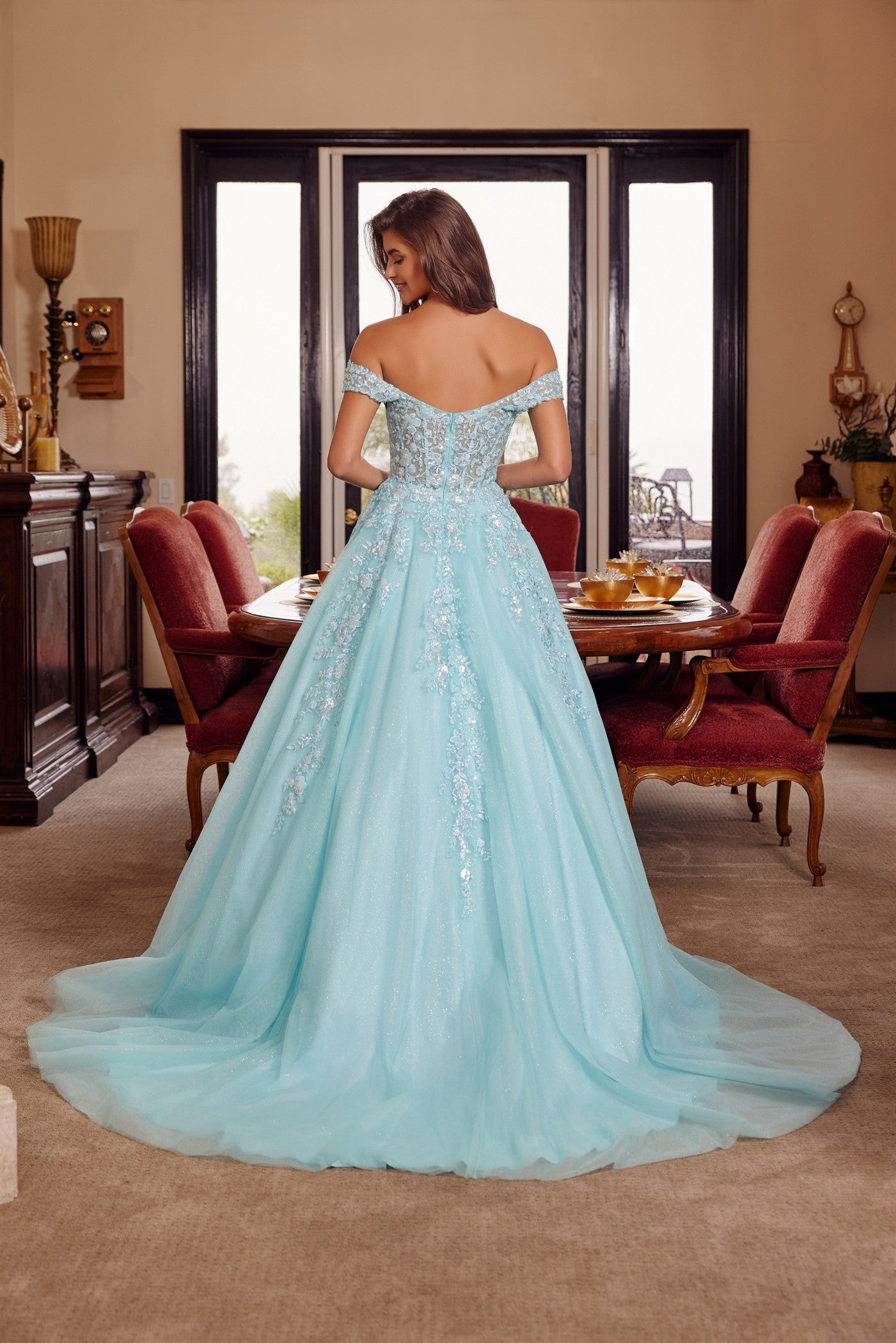 Aqua ball gown prom dress