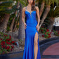 Satin Fitted V-Neck Prom Dress with Sequin Applique