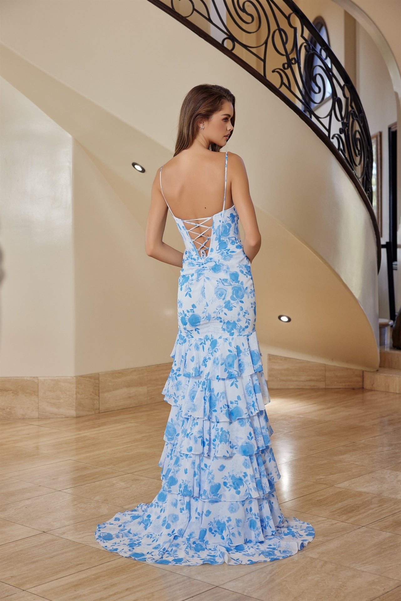 blue fit and flare prom dress