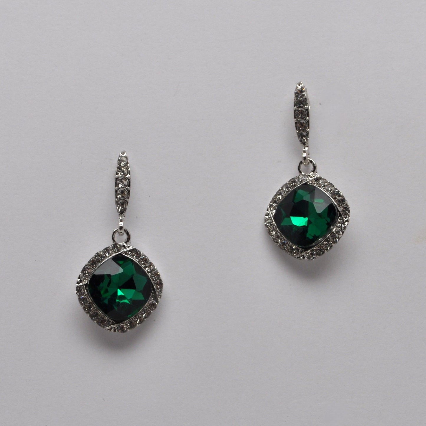 Square Drop Crystal Earring - Emerald/Silver