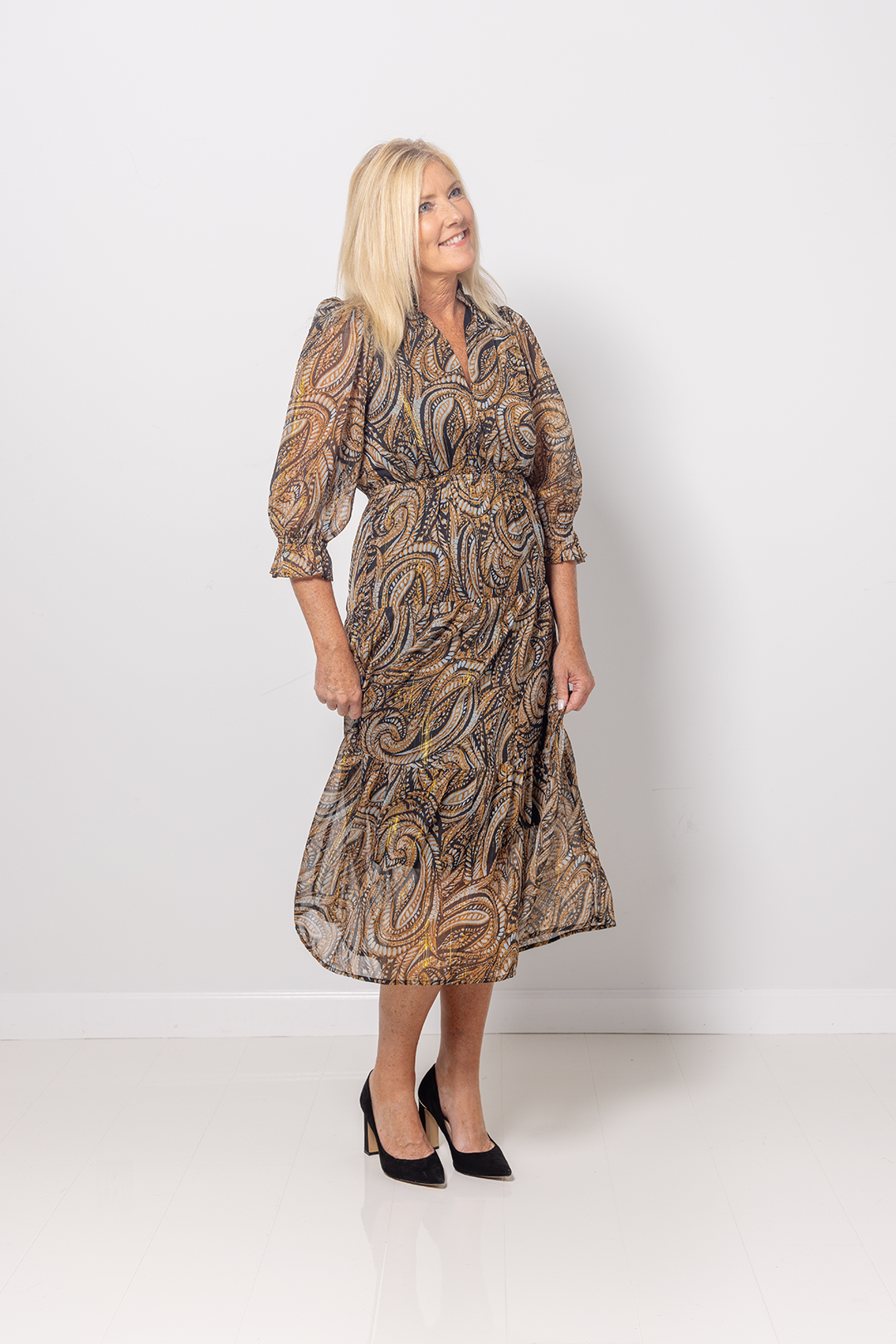 PAISLEY PRINT LUREX TIERED DRESS