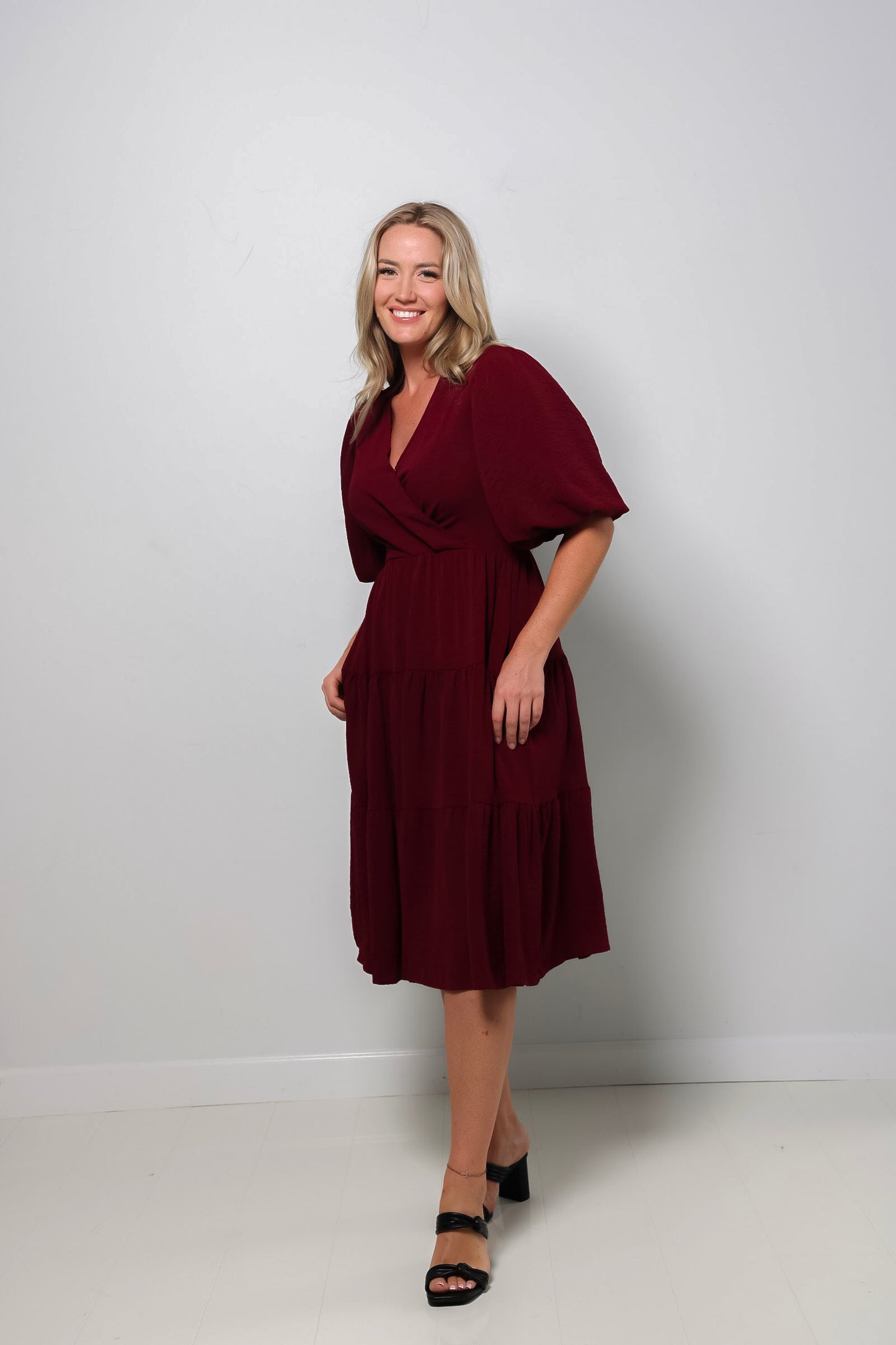 Tiered Wrap Midi Dress