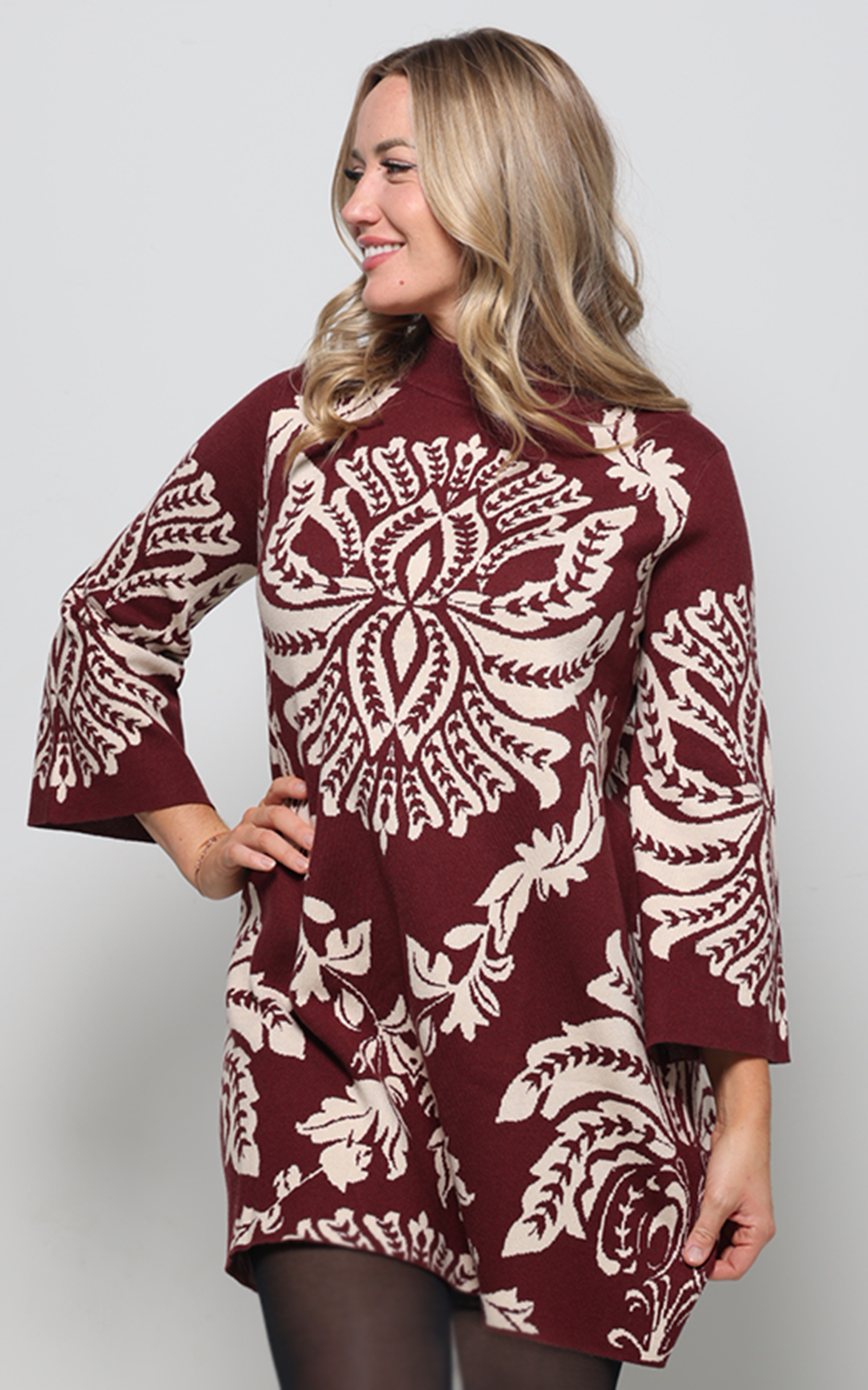 Abstract Sweater Dress - Burgundy