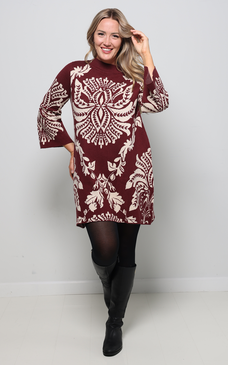 Abstract Sweater Dress - Burgundy