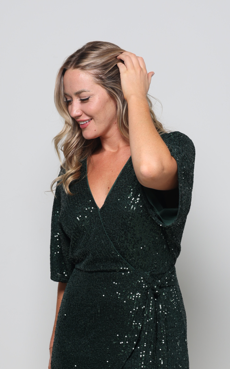 Faux Wrap Emerald Sequin Dress