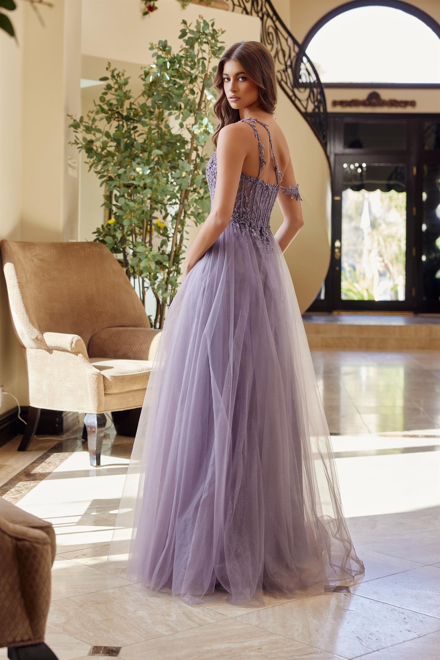 violet floral ball gown