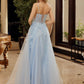 Blue fit and flare prom dress