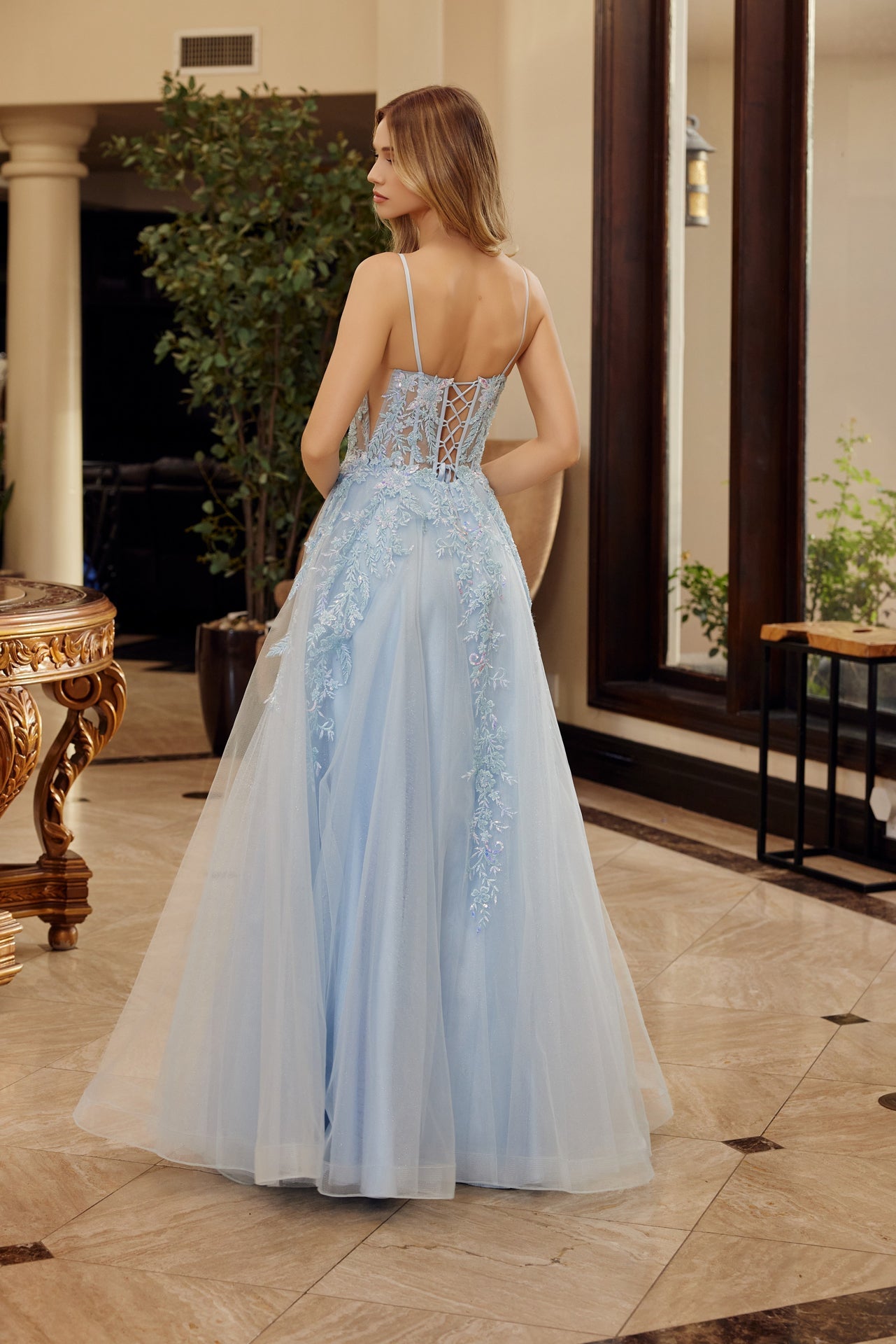 Blue fit and flare prom dress