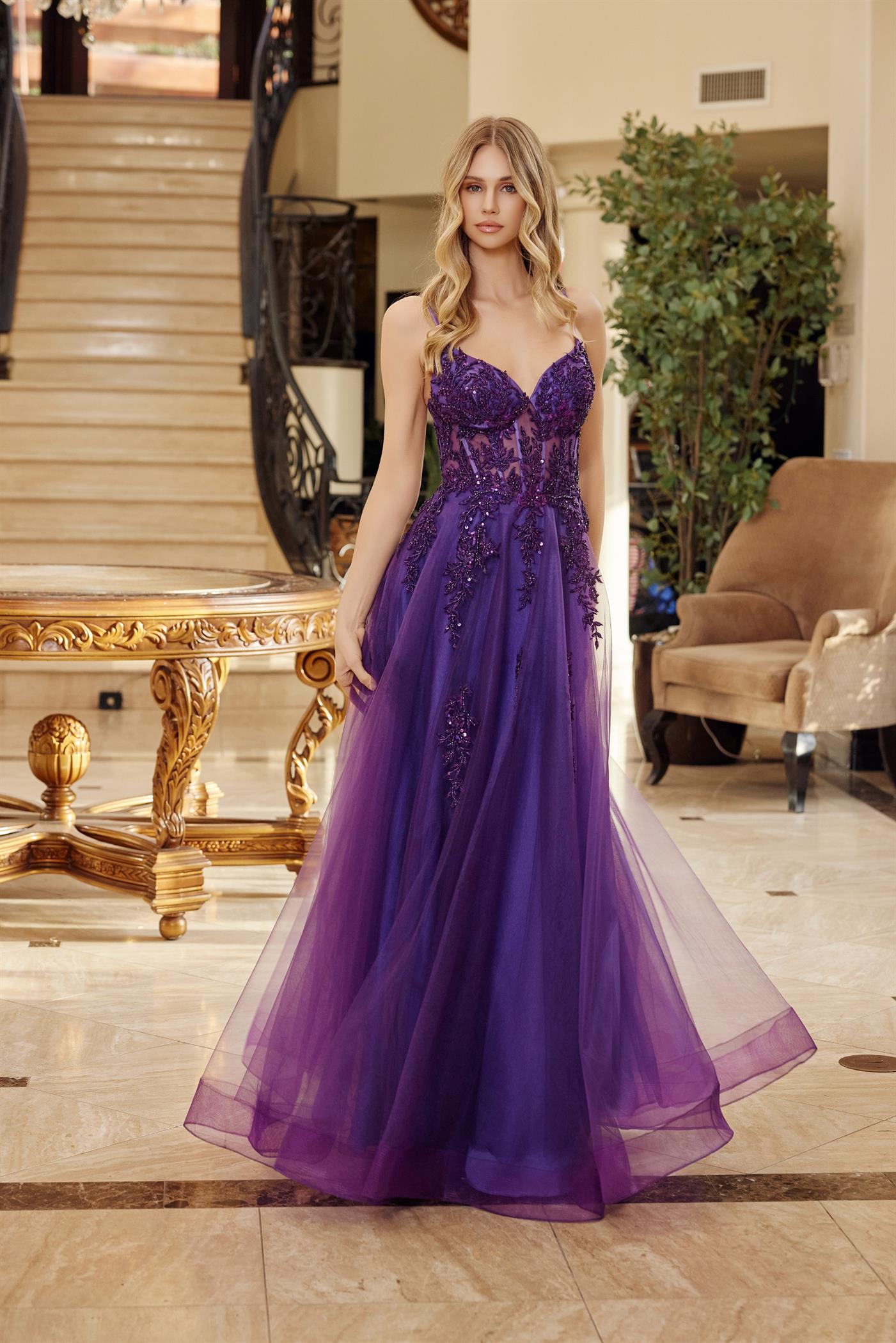 Purple tulle fit and flare prom dress