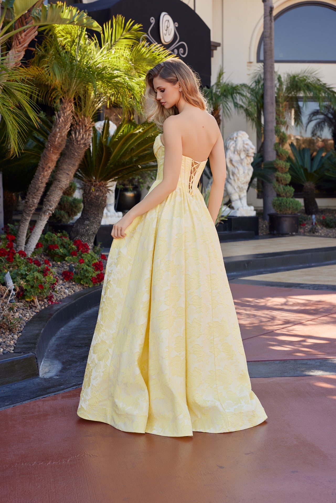 yellow jacquard prom dress