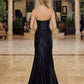 Shiny Satin Strapless Gown with Beaded Plunge, High Slit & Train | Formal Society