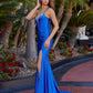 Satin Fitted V-Neck Prom Dress with Sequin Applique