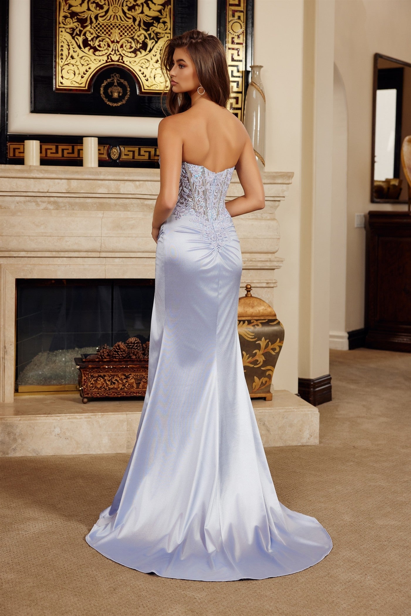 Satin Strapless Prom Dress with Embroidered Bodice