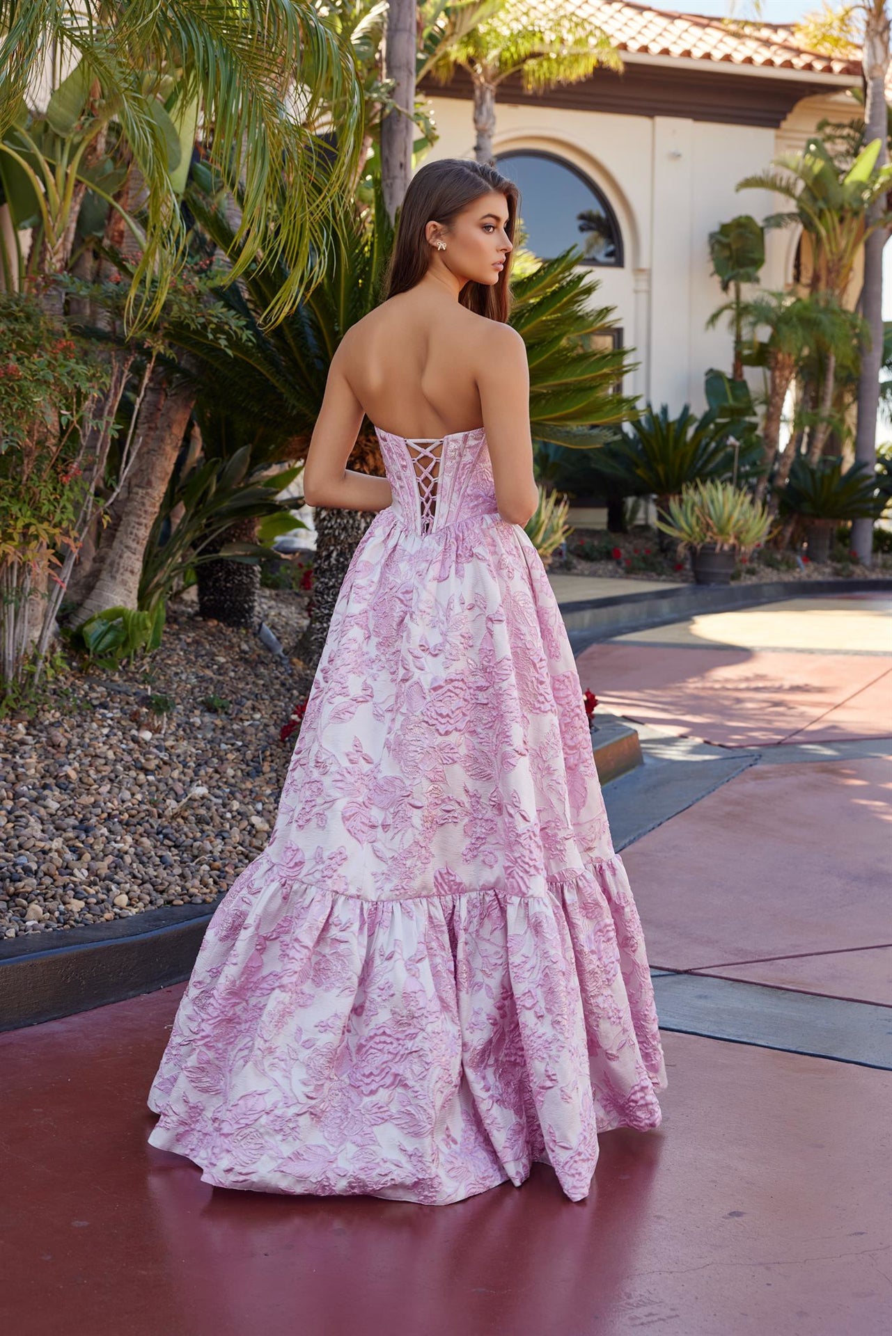 pink jacquard prom dress