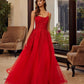 Red fit and flare prom dress