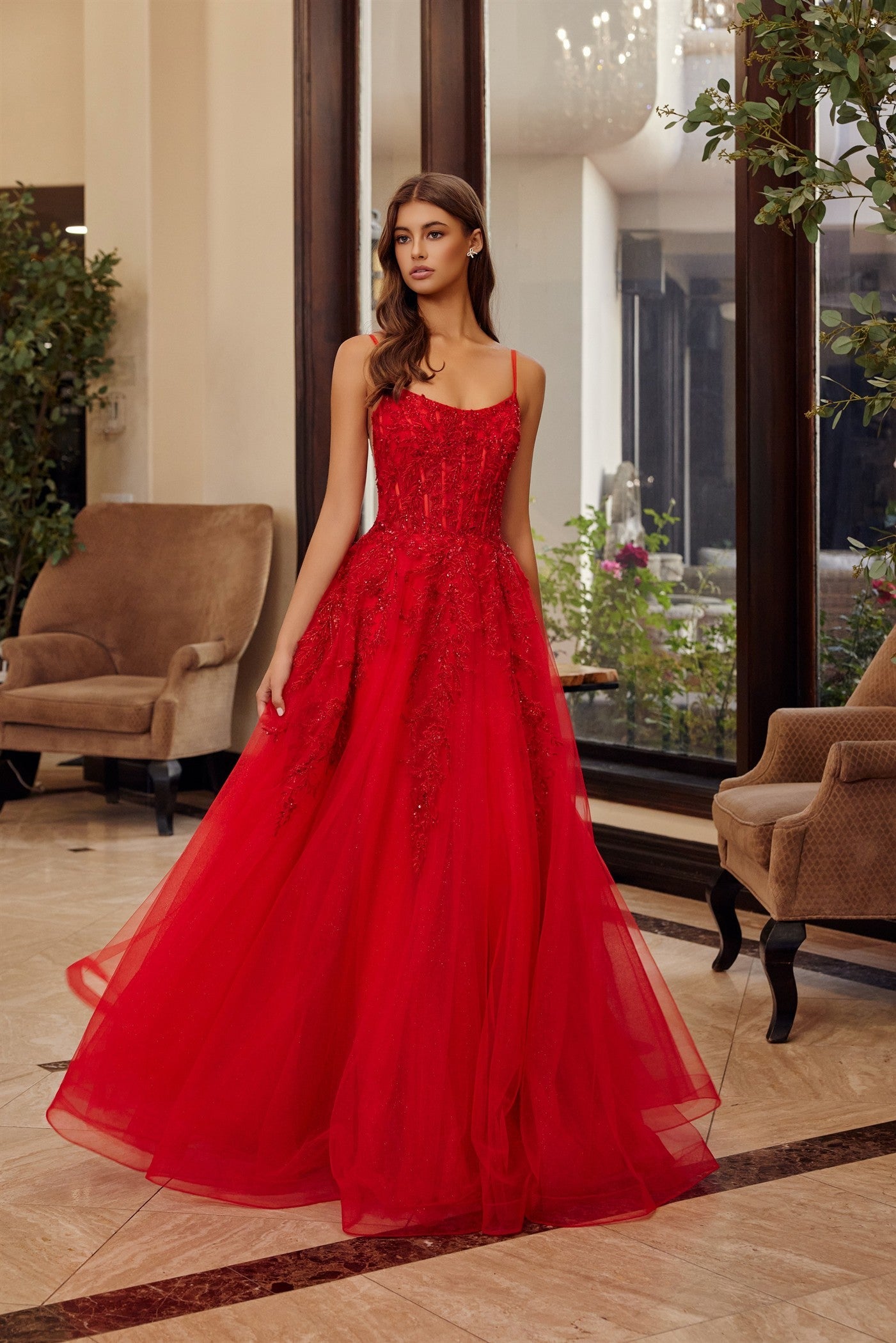Red fit and flare prom dress