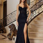 Glitter Stretch Satin Prom Dress with Spaghetti Straps