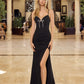 Stretch Satin V-Neck Gown with Boned Waistline & High Slit 