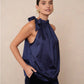 Satin Bow Tie Top - Navy