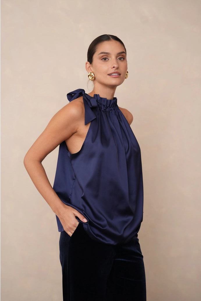 Satin Bow Tie Top - Navy