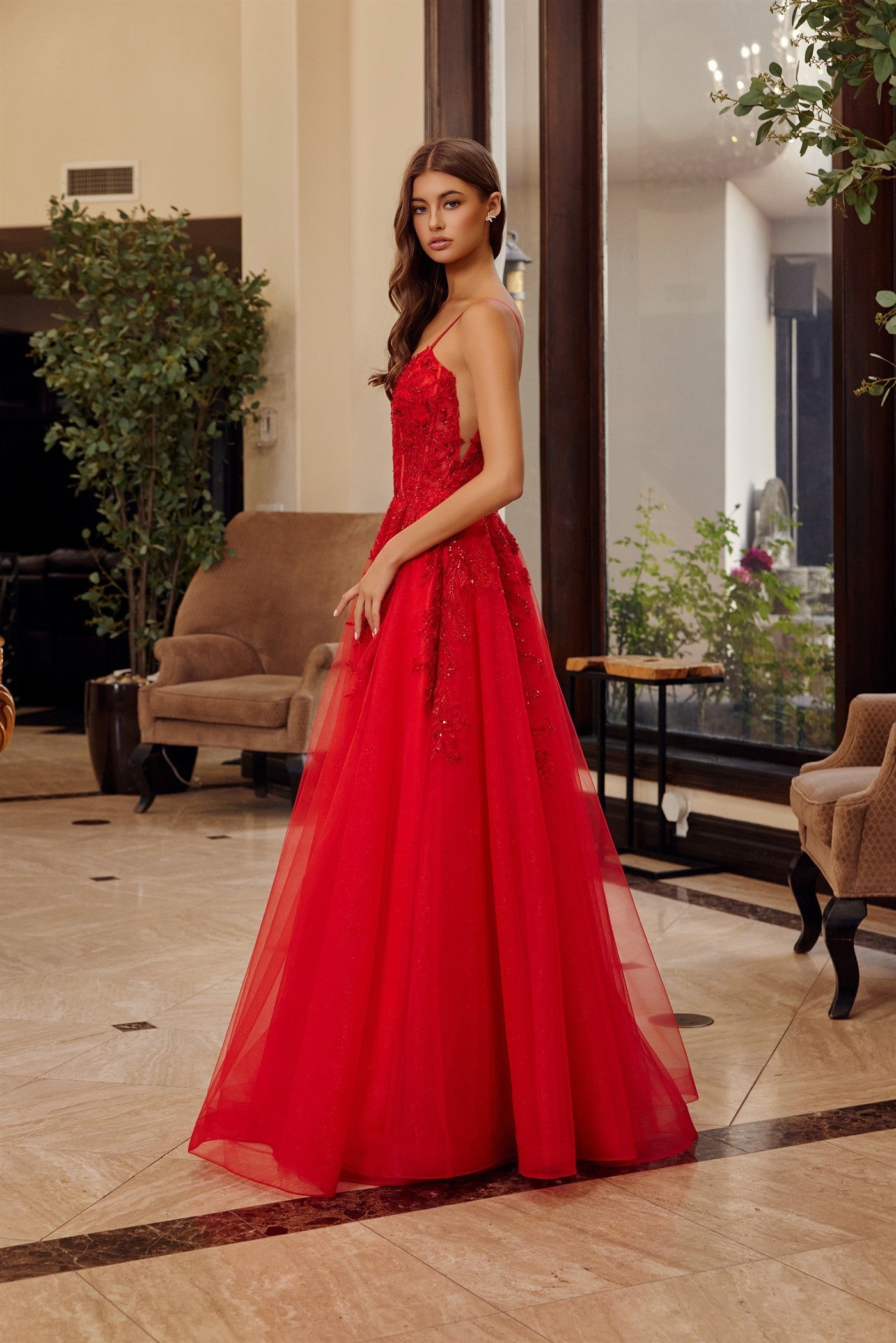 Red fit and flare prom dress
