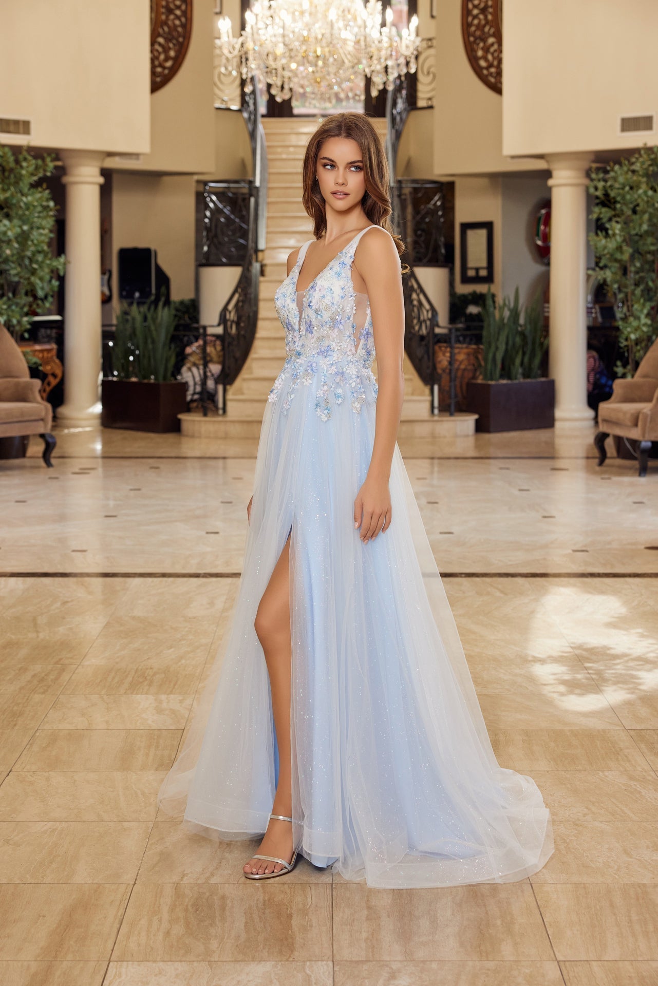 Embroidered blue floral prom dress 