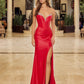 Shiny Satin Strapless Gown with Beaded Plunge, High Slit & Train | Formal Society