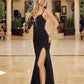Stretch Satin V-Neck Gown with Boned Waistline & High Slit 