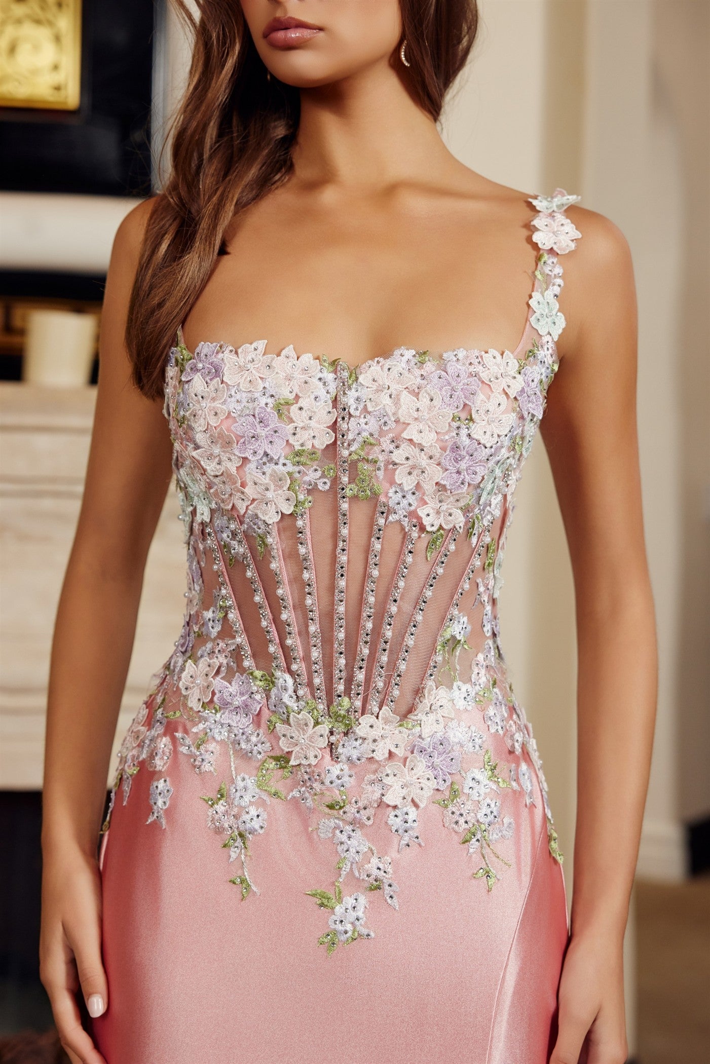 Full Sequined Flower Design Embroidered Prom Dress