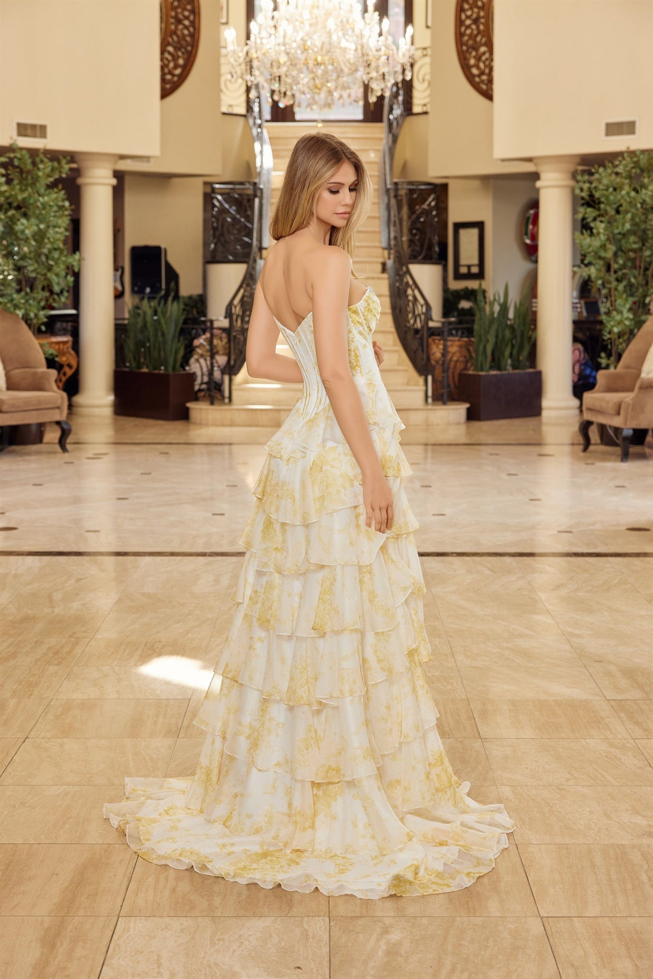 yellow ruffle prom dress