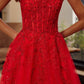 Red fit and flare prom dress