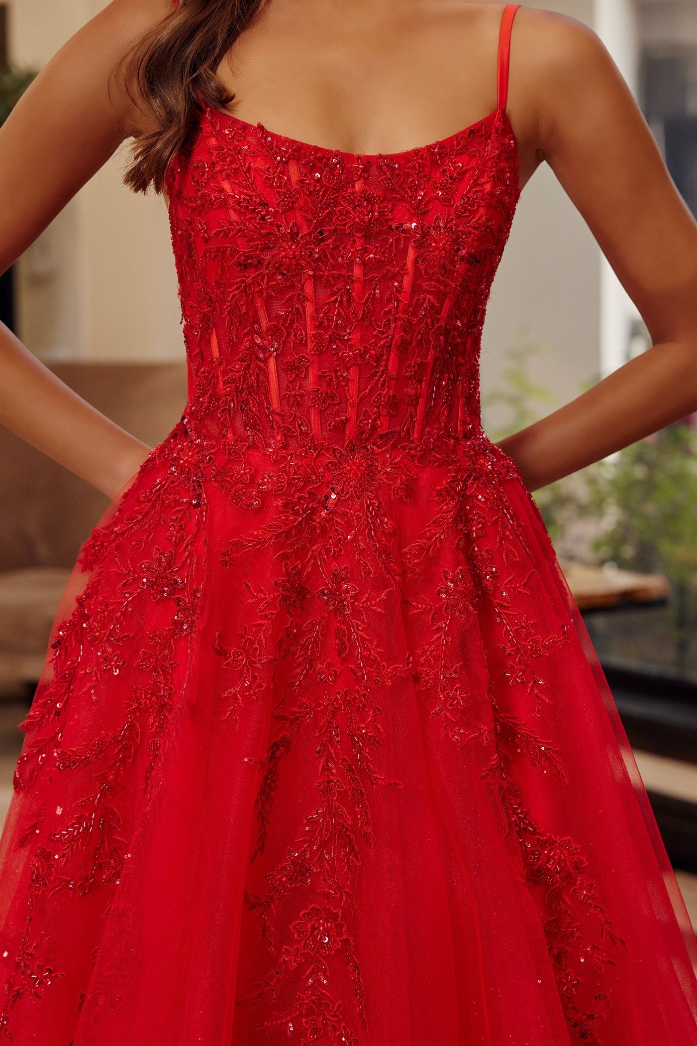 Red fit and flare prom dress
