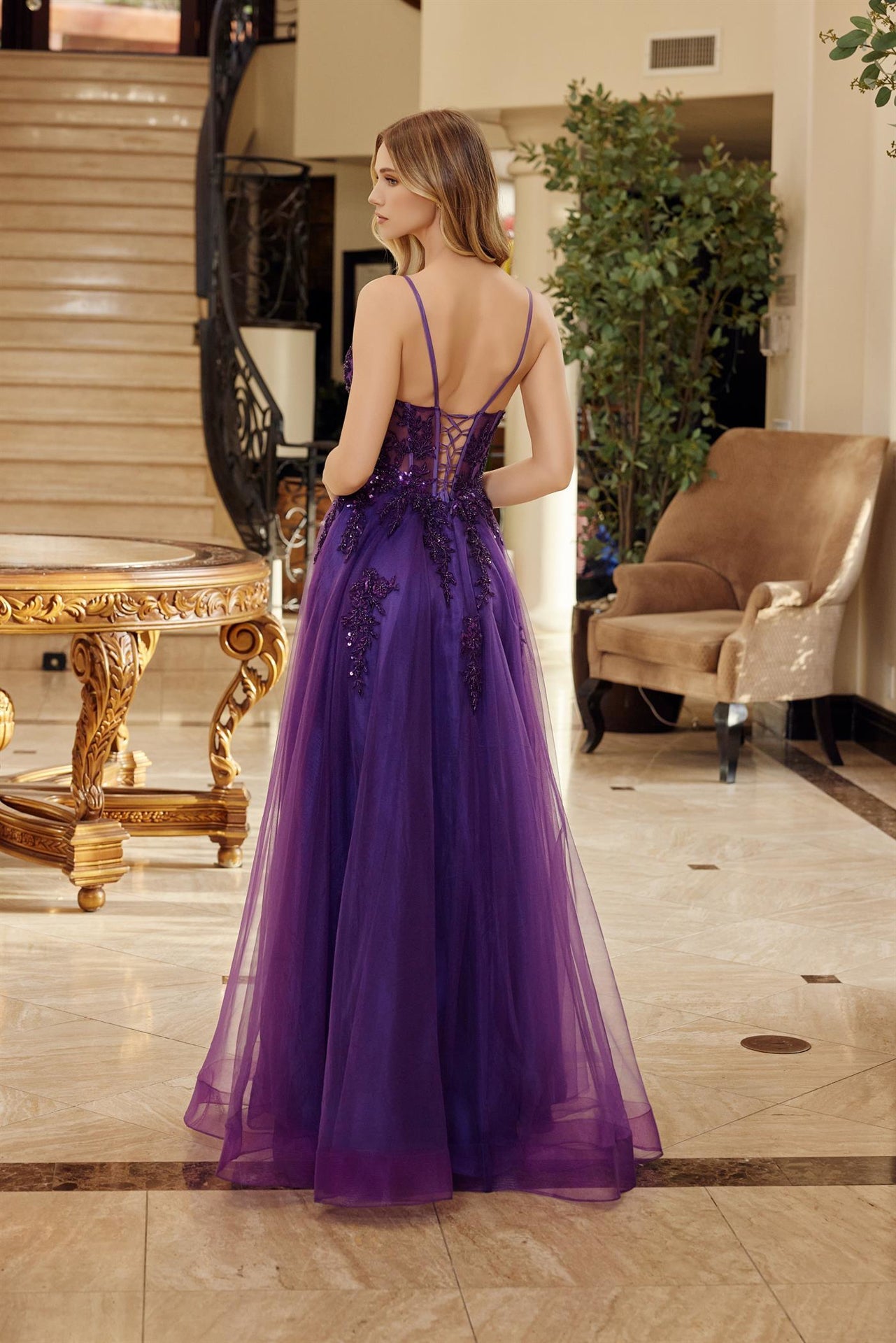 Purple tulle fit and flare prom dress