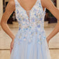 Embroidered blue floral prom dress 