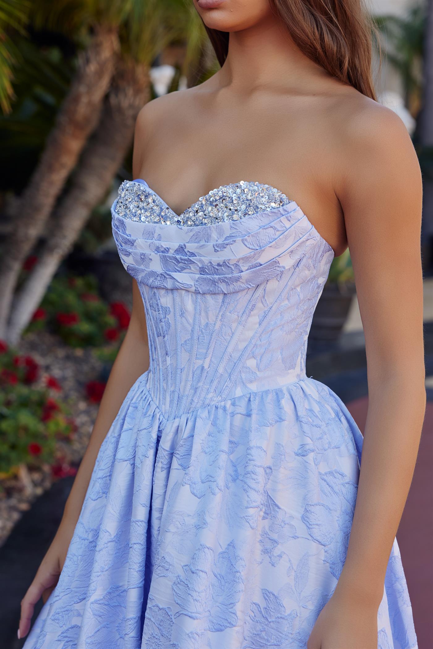 blue jacquard prom dress