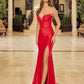 Shiny Satin Strapless Gown with Beaded Plunge, High Slit & Train | Formal Society