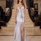 Satin Fitted V-Neck Prom Dress with Sequin Applique