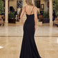 Stretch Satin V-Neck Gown with Boned Waistline & High Slit 