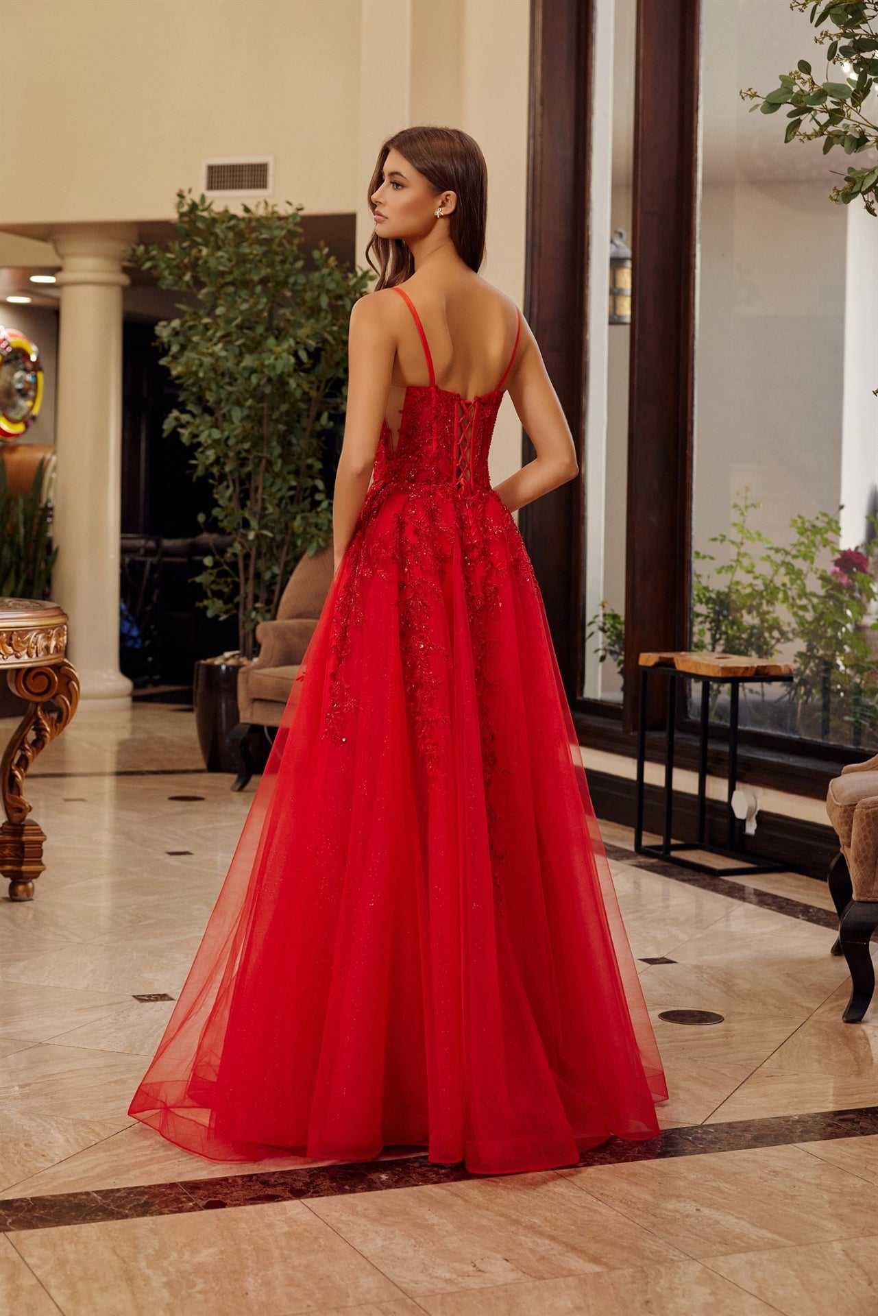 Red fit and flare prom dress