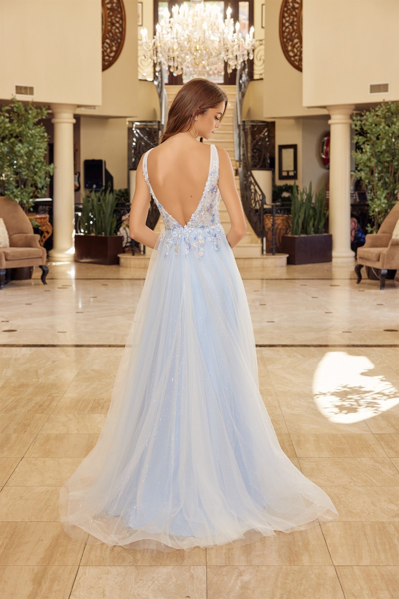 Embroidered blue floral prom dress 